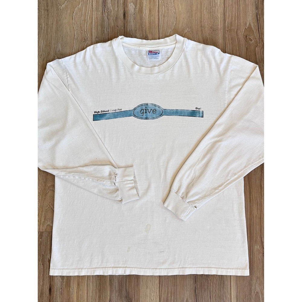 Vintage Hanes Beefy-T Orange County YMCA Camp Fox Staff LS Shirt White L